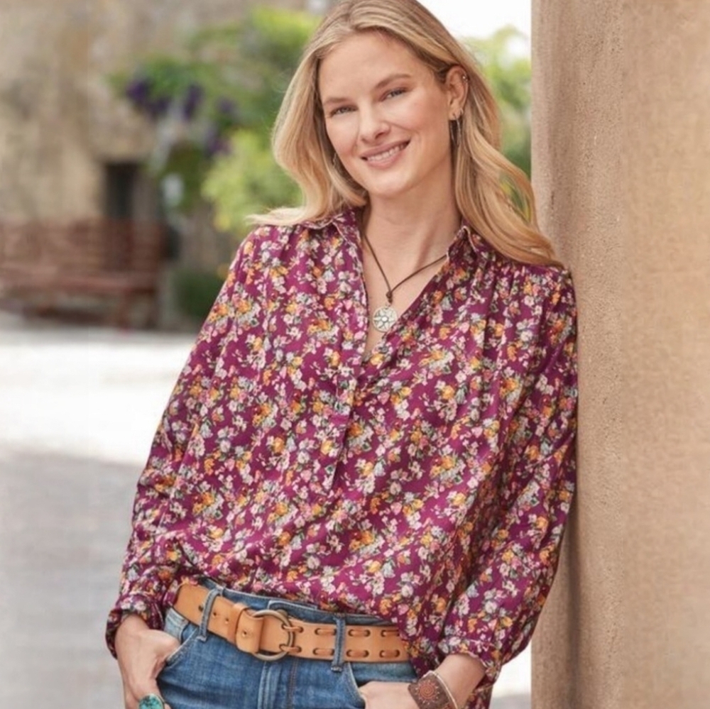 Sundance Purple Bloom Floral Henley Blouse XL